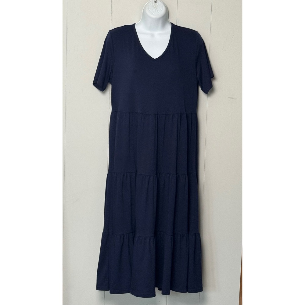 NWT Berydress Women's Navy Blue Tiered V-Neck Short Sleeve Midi Dress Size Large